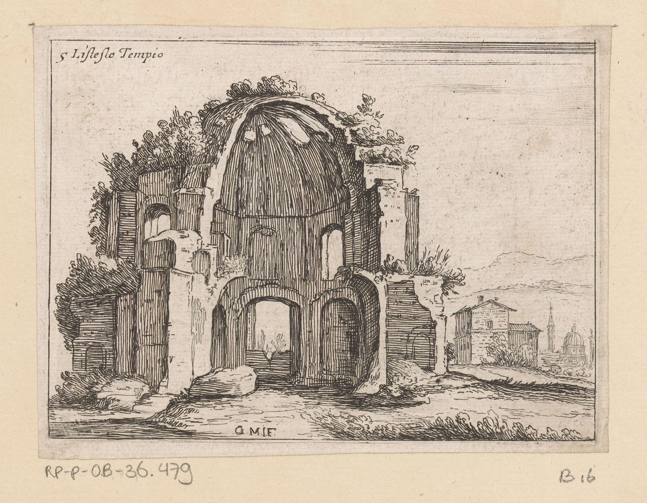 Resten van de Tempel van Minerva Medica in een landschap Listesso Tempio (title on object) Gezichten op Rome (series title) Alcune vedute et prospettive di luoghi dishabitati di Roma (series title) tekijältä Giovanni Battista Mercati