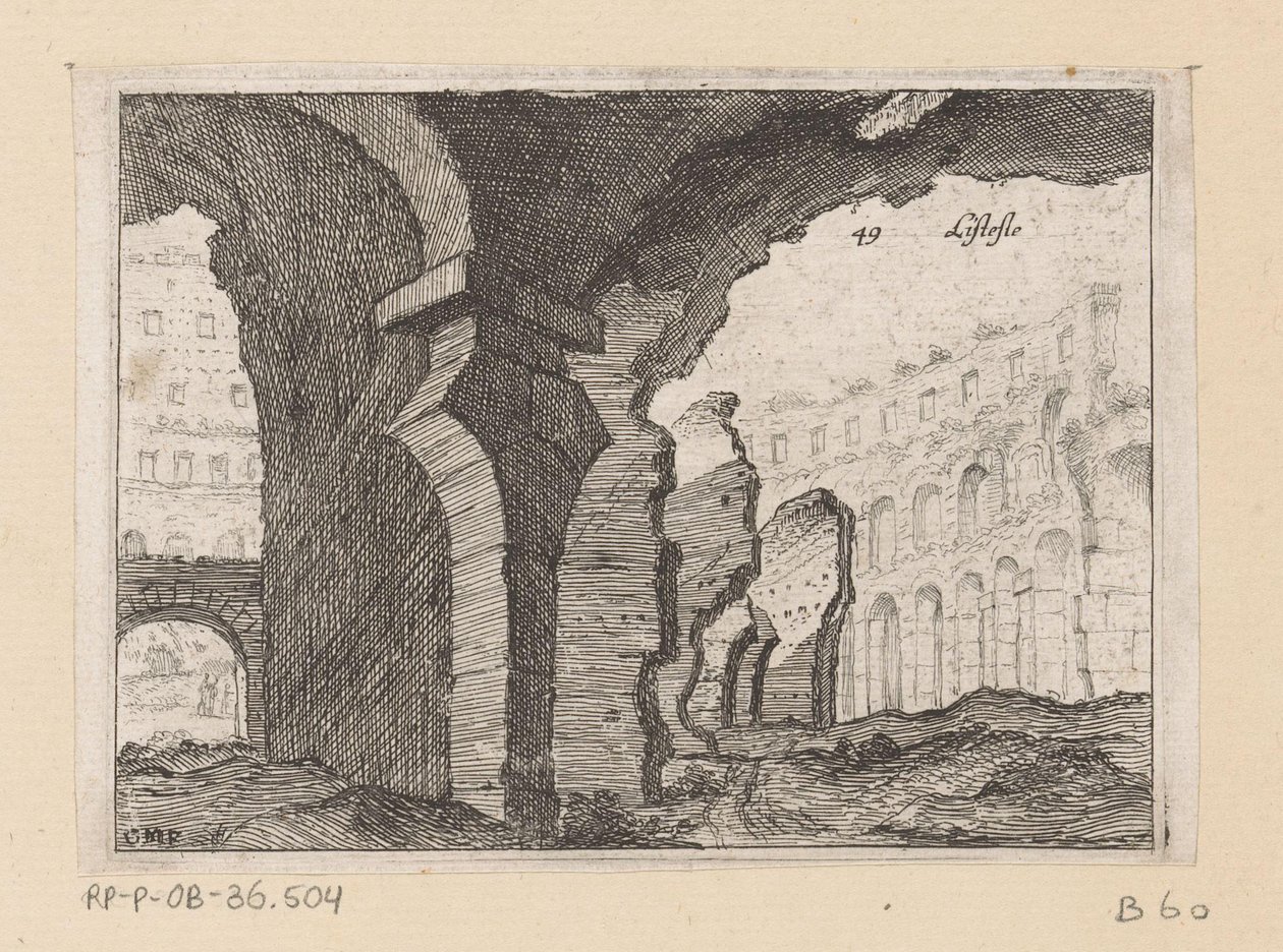 Rooman Colosseumin jäänteet Listesso (otsikko objektissa) Rooman näkymät (sarjan nimi) Alcune vedute et prospettive di luoghi dishabitati di Roma (sarjan nimi) tekijältä Giovanni Battista Mercati