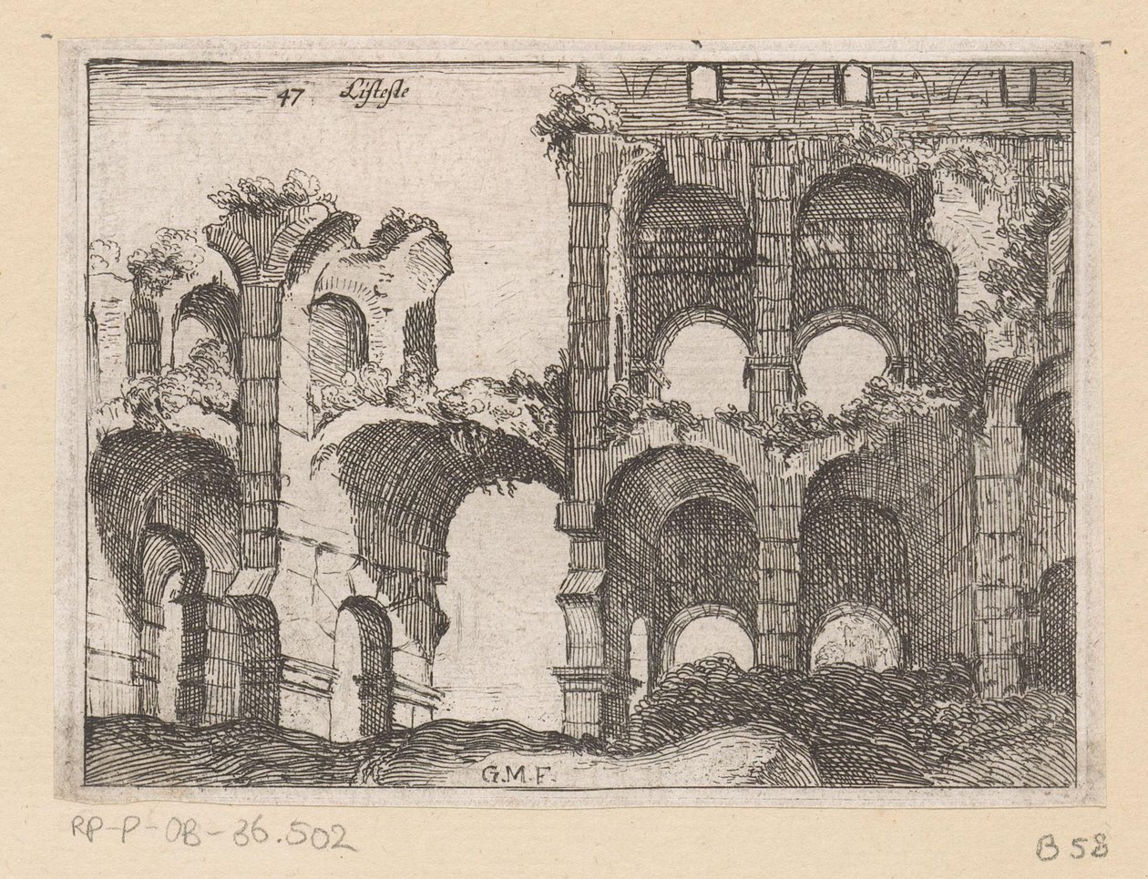 Rooman Colosseumin jäänteet Listesso (otsikko objektissa) Rooman näkymät (sarjan nimi) Alcune vedute et prospettive di luoghi dishabitati di Roma (sarjan nimi) tekijältä Giovanni Battista Mercati