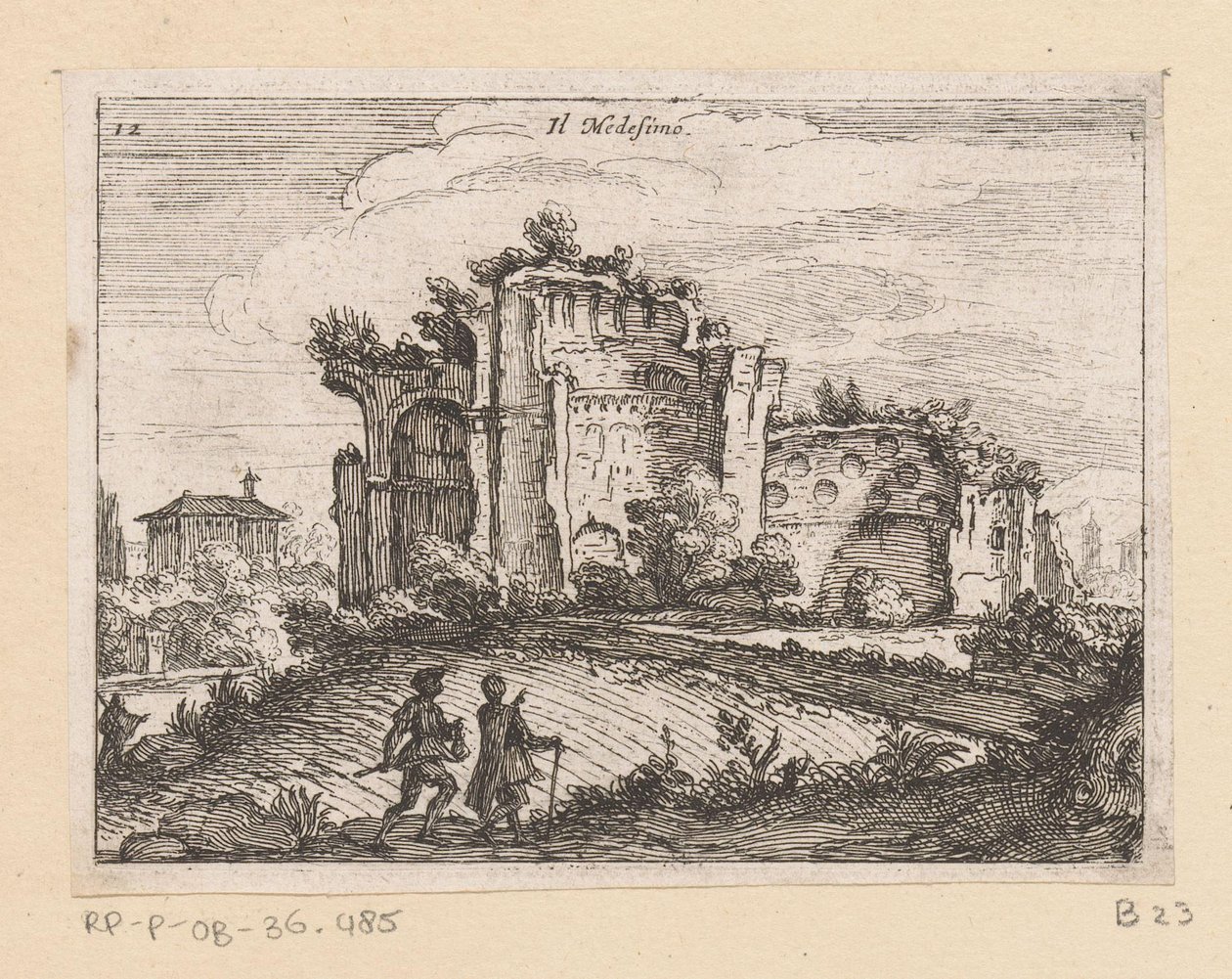 Rauniot maisemassa Il Medesino (otsikko esineessä) Rooman näkymät (sarjan nimi) Alcune vedute et prospettive di luoghi dishabitati di Roma (sarjan nimi) tekijältä Giovanni Battista Mercati