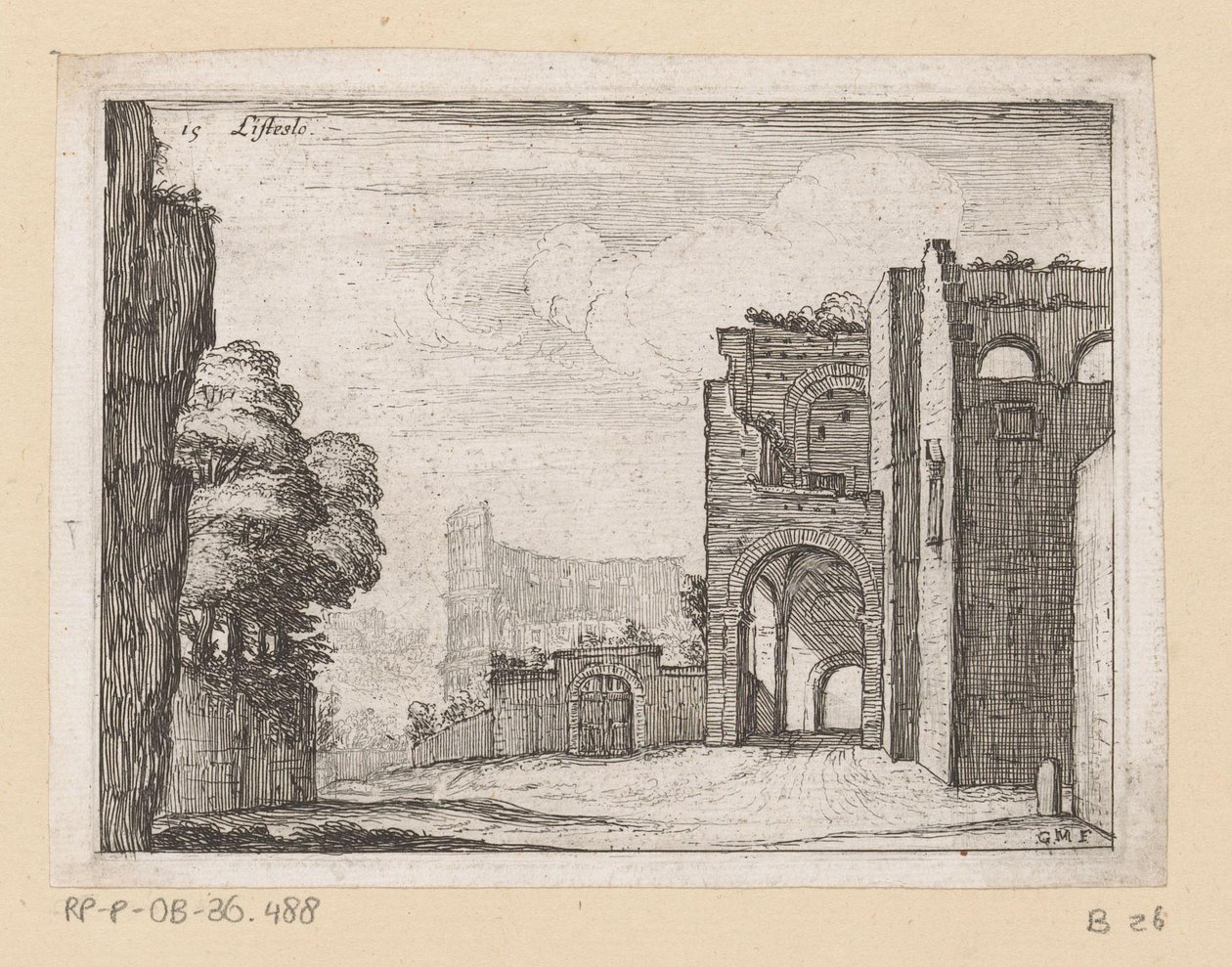 Colosseumin rauniot Roomassa Listesso (otsikko objektissa) Rooman näkymät (sarjan nimi) Alcune vedute et prospettive di luoghi dishabitati di Roma (sarjan nimi) tekijältä Giovanni Battista Mercati