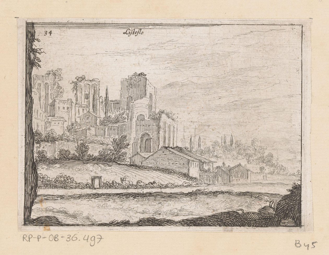 Ruïnes van Palazzo Maggiore te Roomassa Listesso (otsikko objektissa) Gezichten op Rome (sarjan nimi) Muutamia näkymiä Rooman asumattomista paikoista (sarjan nimi) tekijältä Giovanni Battista Mercati