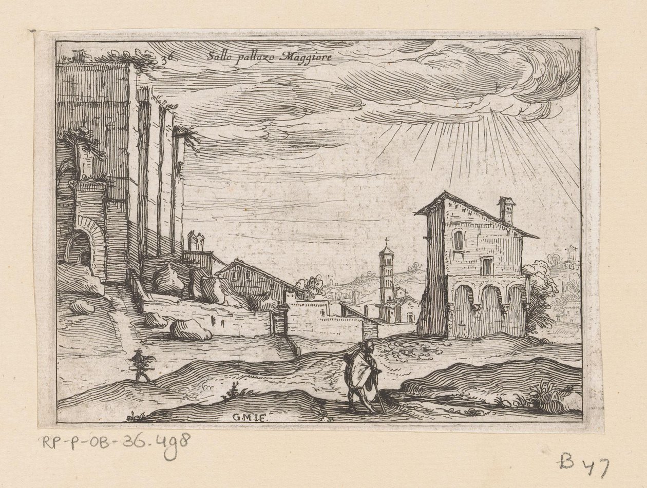 Palazzo Maggioren rauniot Roomassa ja rakennukset lähellä Sallo pallazo Maggiore (otsikko esineessä) Rooman näkymät (sarjan nimi) Alcune vedute et prospettive di luoghi dishabitati di Roma (sarjan nimi) tekijältä Giovanni Battista Mercati