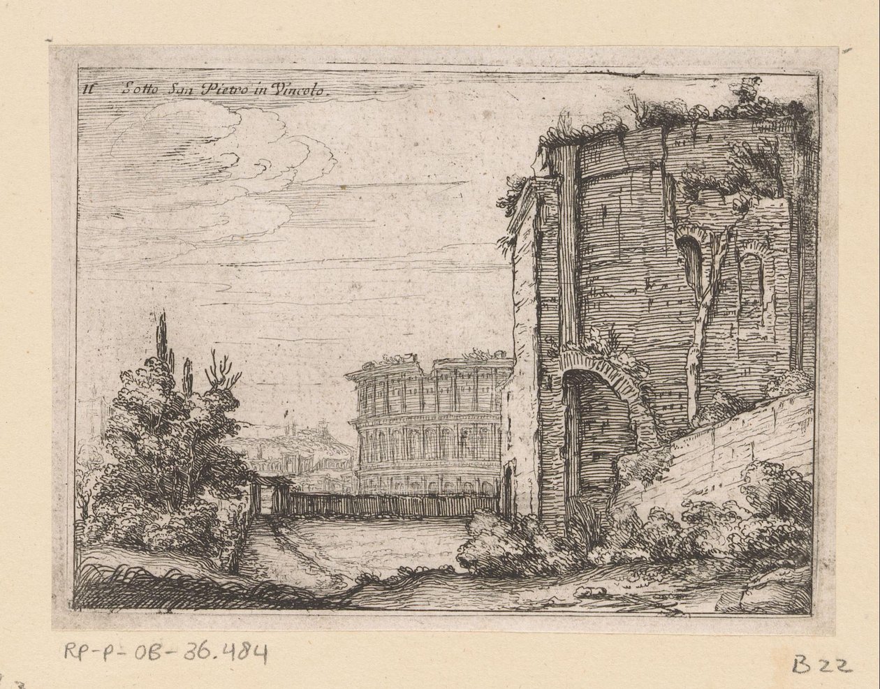 Muinaisen rakennuksen rauniot ja Colosseum Roomassa Sotto San Pietro in Vincolo (otsikko esineessä) Rooman näkymät (sarjan nimi) Alcune vedute et prospettive di luoghi dishabitati di Roma (sarjan nimi) tekijältä Giovanni Battista Mercati