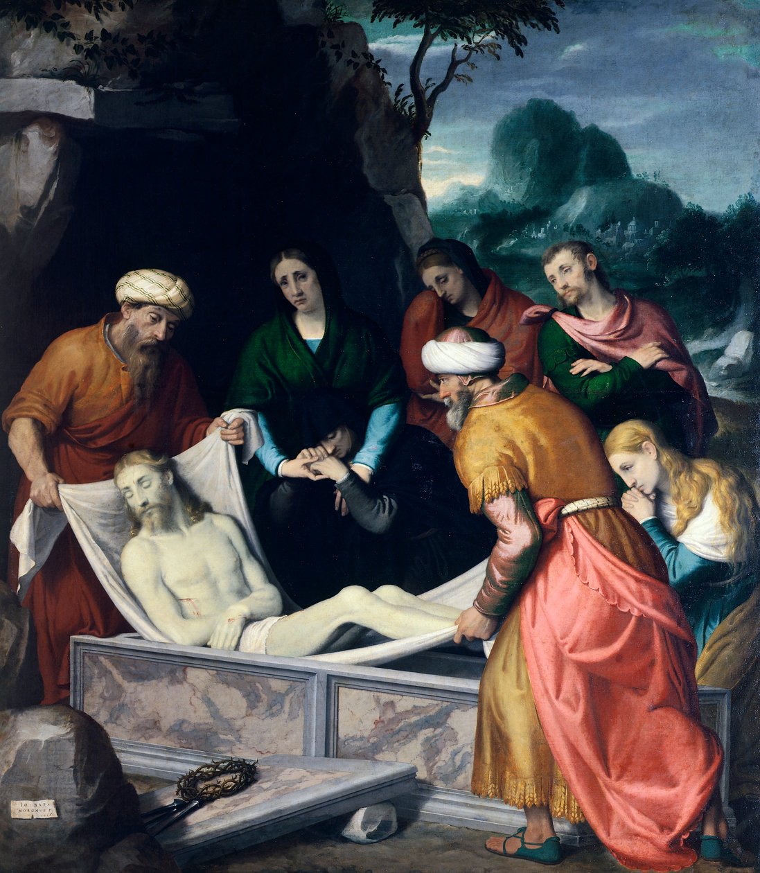 Giovanni Battista Moroni (n. 1525-1578) Kristuksen laskeuma hautaan, öljy kankaalle tekijältä Giovanni Battista Moroni