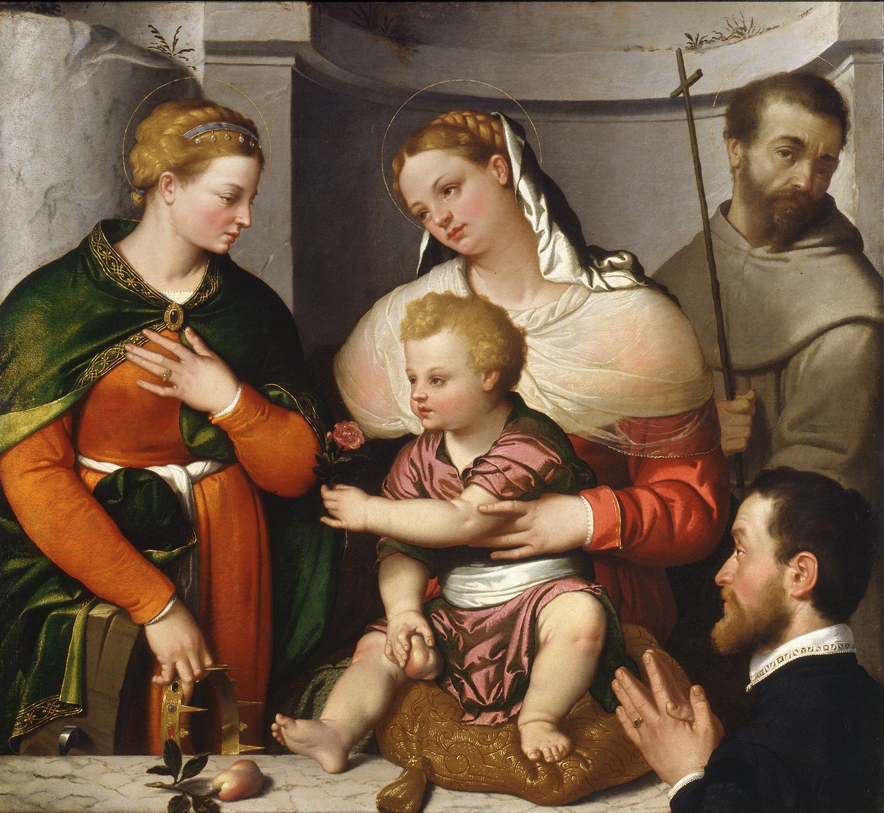 Madonna ja lapsi Pyhän Katariinan, Pyhän Franciscuksen ja lahjoittajan kanssa, n. 1550 (öljy kankaalle) tekijältä Giovanni Battista Moroni