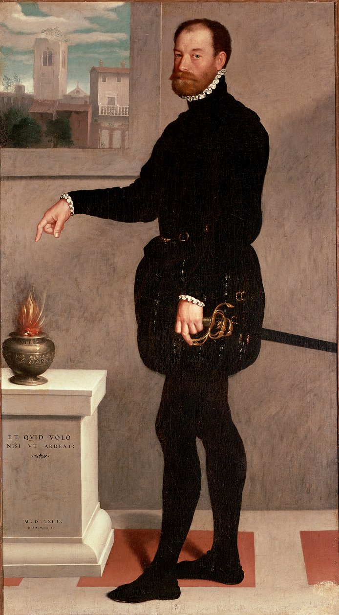 Muotokuva kreivi Pietro Secco-Suardista Giovan Battista Moronin maalaus (Giovanbattista, Giovanni Battista) (n. 1529-1578) 1563 Su. 182x102 cm Firenze, Uffizi-galleria (Uffizi) tekijältä Giovanni Battista Moroni