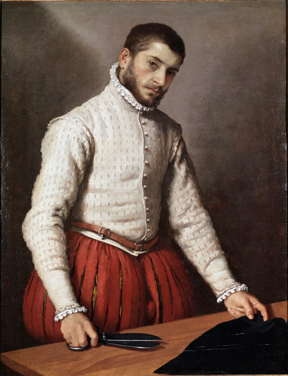 Miehen muotokuva eli ”Räätäli” Giovan Battista Moronin (Giovanbattista, Giovanni Battista) maalaus (n. 1529-1578) 1570 Mitat 99,5x77 cm Lontoo, kansallisgalleria tekijältä Giovanni Battista Moroni