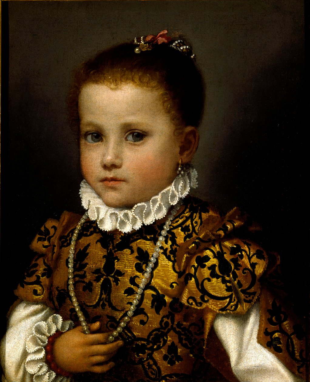 Pienen tytön muotokuva Pieni tyttö, joka on pukeutunut runsaasti brokadipukuun, hänellä on helmikaulakoru ja mansikkakaulus. Giovan Battista Moronin maalaus (noin 1529-1578) tekijältä Giovanni Battista Moroni