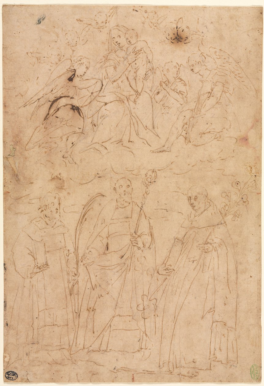 Madonna ja lapsi kunniassa kolmen pyhän yläpuolella, n. 1570. tekijältä Giovanni Battista Paggi