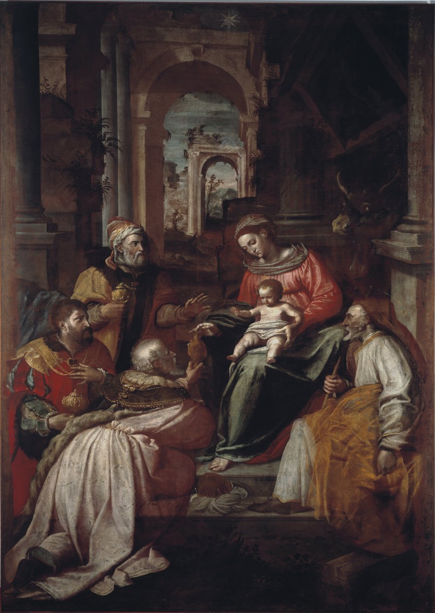 Giovanni Battista Perollin maalaus Magien palvonta (1500-luku) 1567 Genes, Museo Diocesano tekijältä Giovanni Battista Perolli