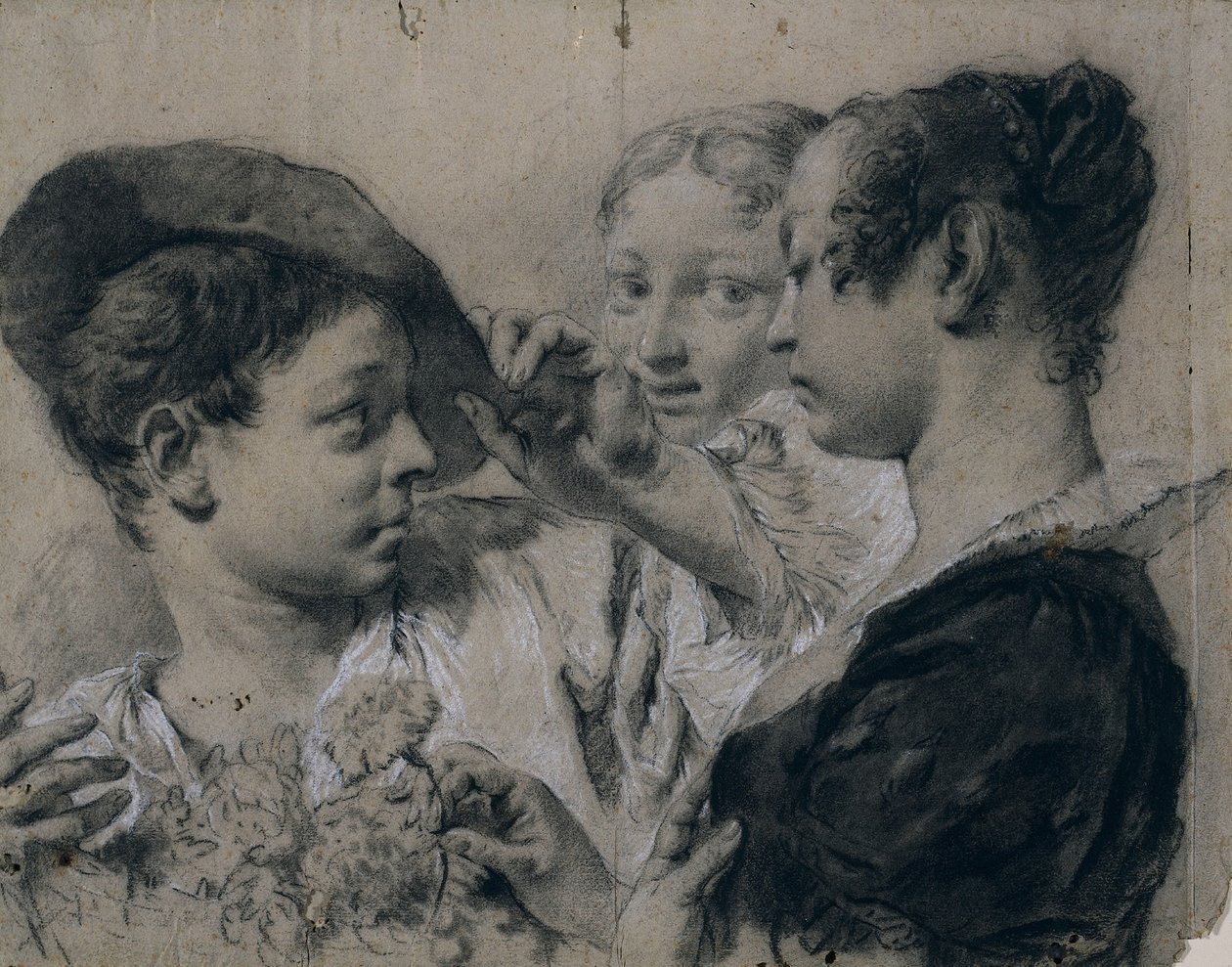 Nuori nainen ostaa vaaleanpunaista nuorelta mieheltä, c. 1740. tekijältä Giovanni Battista Piazzetta