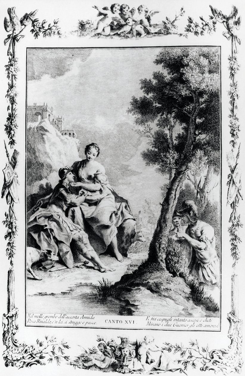 Armida ja Rinaldo näkivät ristiretkeläiset Carlo ja Ubaldo, kanto XVI, Jerusalem luovutettu tekijältä Giovanni Battista Piazzetta