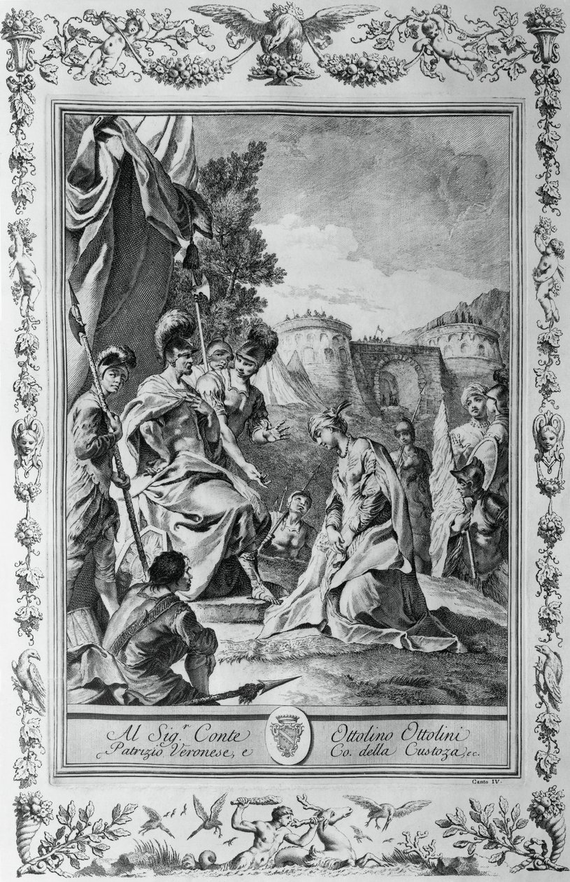 Armida Goffredon edessä, kaiverrus, Giovanni Battista Piazzetta (1683-1754) Canto III of Jerusalem Toimitettu, Torquato Tasso (1544-1595), julkaisija Giovanni Battista Albrizzi, Venetsia, Italia tekijältä Giovanni Battista Piazzetta