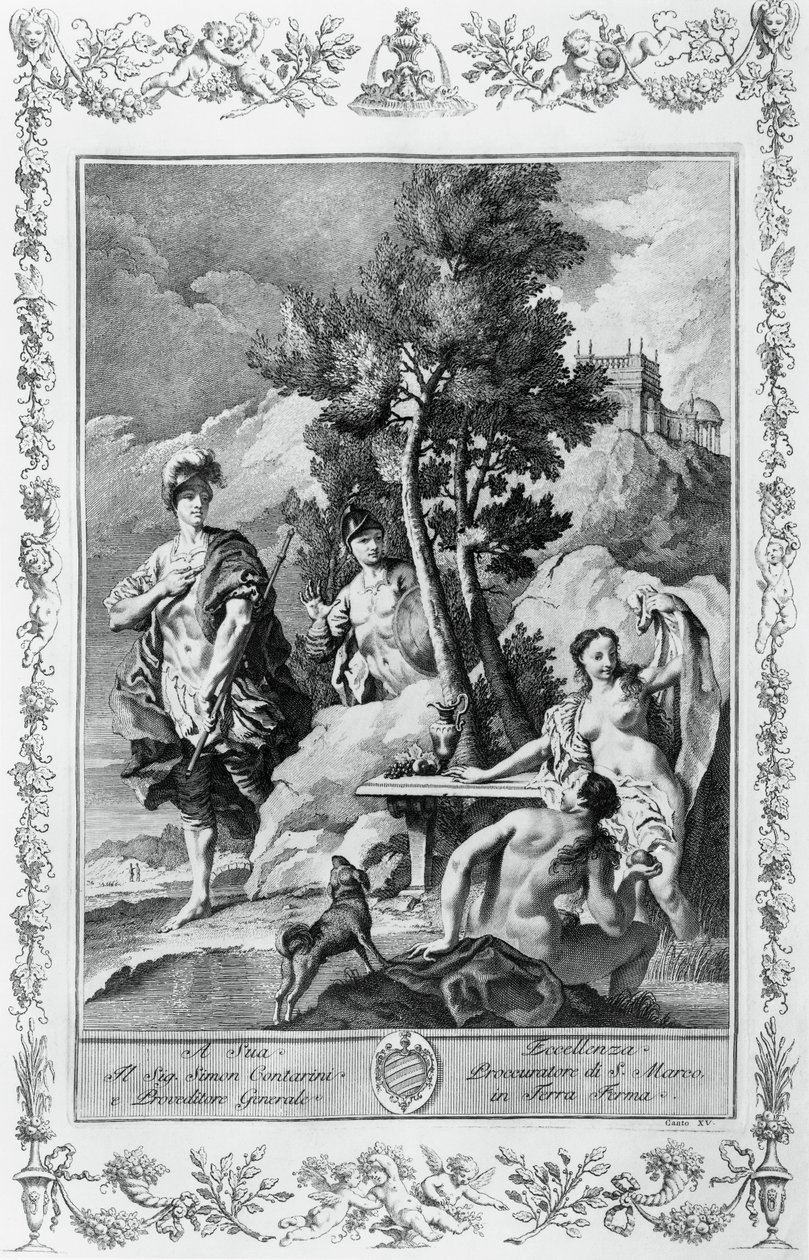 Carlo ja Ubaldo in Happy Islands, kaiverrus, Giovanni Battista Piazzetta (1683-1754) Canto XV of Jerusalem Toimitus, Torquato Tasso (1544-1595), Giovanni Battista Albrizzi painos, Venetsia, Italia tekijältä Giovanni Battista Piazzetta