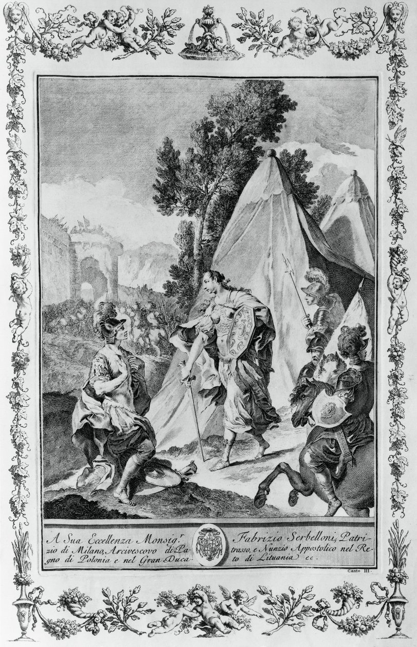 Crusaders at Siege of Jerusalem, kaiverrus, Giovanni Battista Piazzetta (1683-1754) Canto III of Jerusalem Toimitettu, Torquato Tasso (1544-1595), julkaisija Giovanni Battista Albrizzi, Venetsia, Italia tekijältä Giovanni Battista Piazzetta