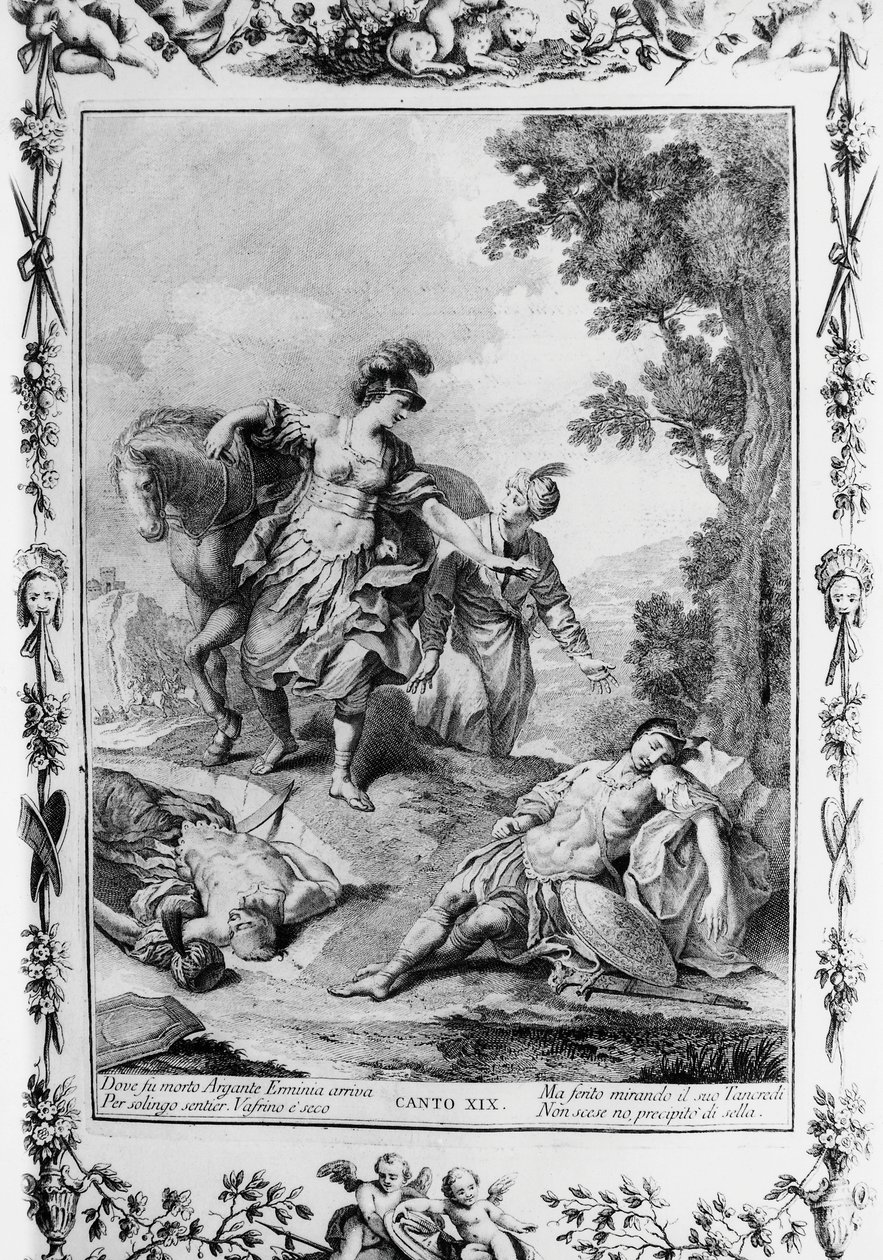 Erminia kohtaa haavoittuneen Tancredin, Canto XIX, Jerusalem toimitettu tekijältä Giovanni Battista Piazzetta