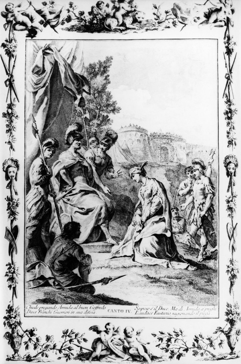 Eustathius rukoilee Armidan puolesta Godfreyn Bouillonin kanssa, canto IV, Jerusalem luovutettu tekijältä Giovanni Battista Piazzetta