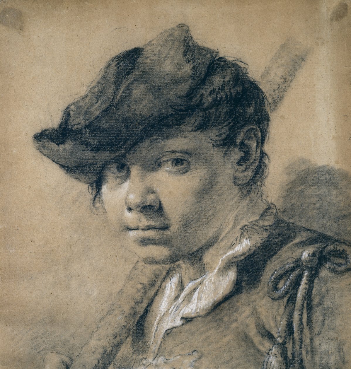 Nuorukaisen pää (mustavalkoiset liidut ruskealle paperille) tekijältä Giovanni Battista Piazzetta