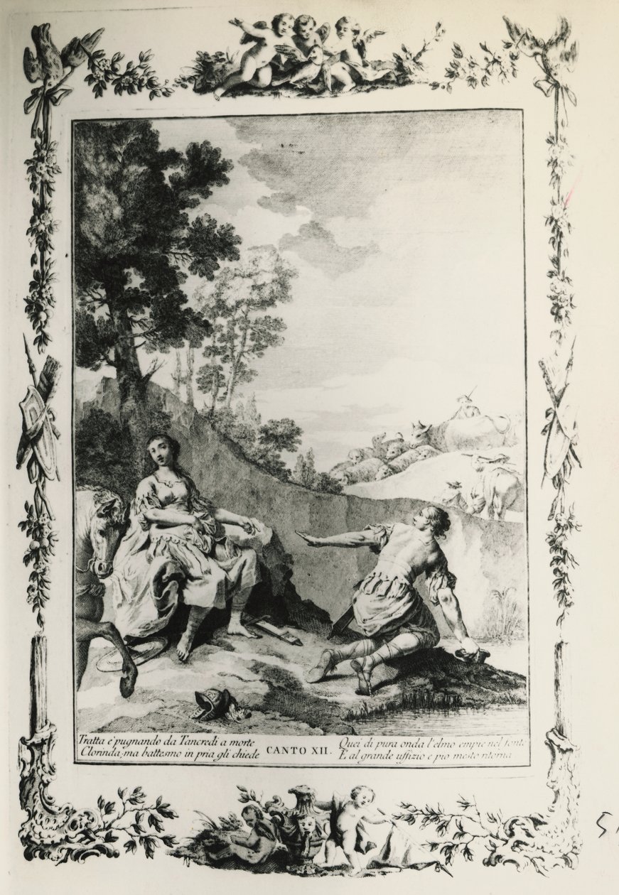 Jerusalem Delivered, canto XII, kuvitus Giovanni Battista Piazzetta (1683-1754) Torquato Tasson (1544-1595) runoon, painos julkaistiin Venetsiassa 1745, Italia tekijältä Giovanni Battista Piazzetta