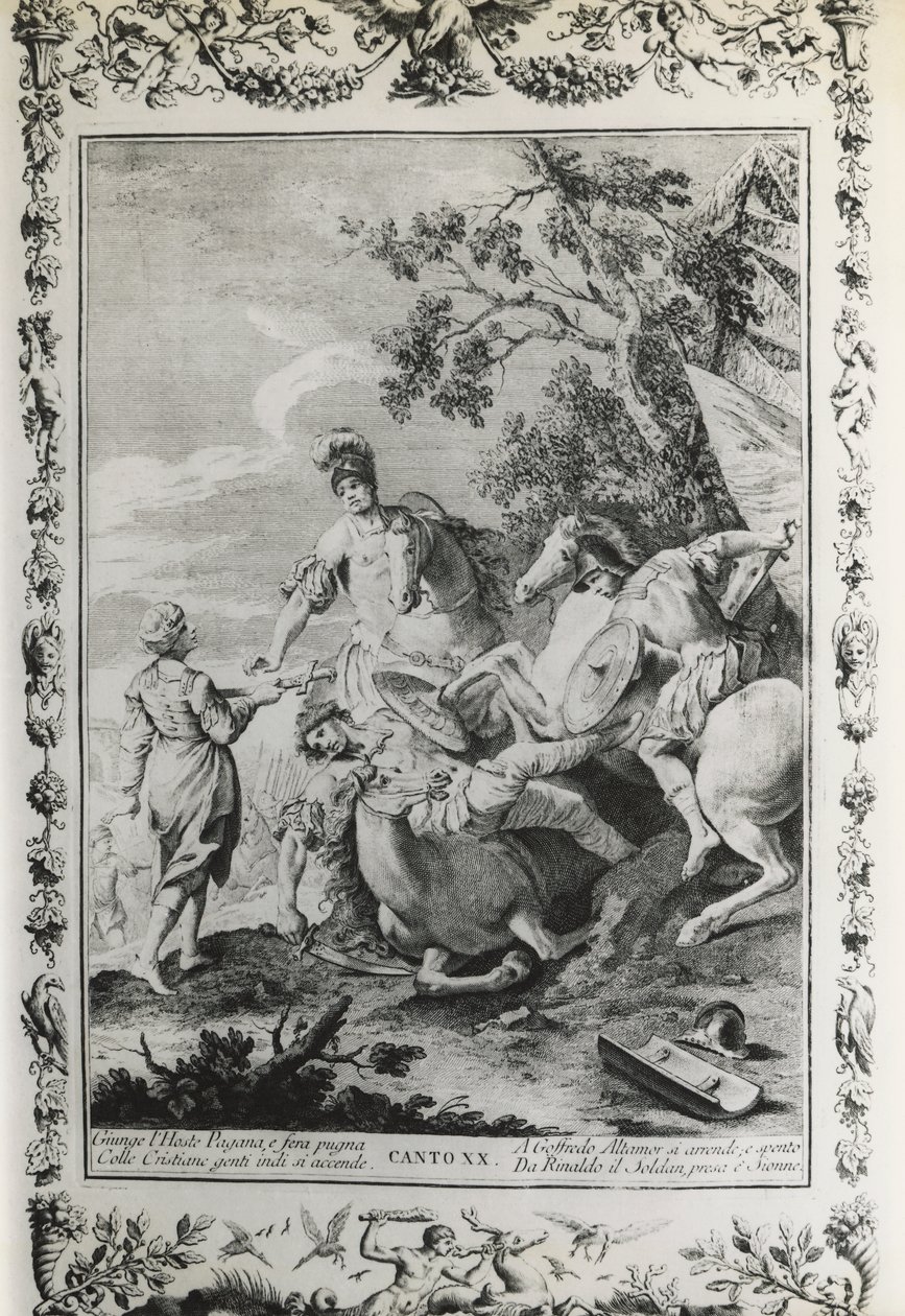 Jerusalem Delivered, canto XX, kuvitus Giovanni Battista Piazzetta (1683-1754) Torquato Tasson (1544-1595) runoon, painos julkaistiin Venetsiassa vuonna 1745, Italia tekijältä Giovanni Battista Piazzetta