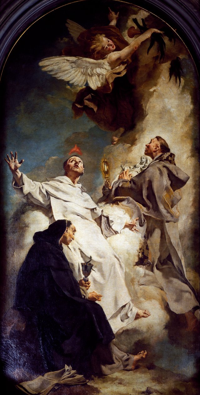 Pyhät Vincenti, Hyasintti ja Bertrand, kirjoittanut Giovanni Battista Piazzetta (1628-1754), Jesuiitta- tai Ruusukon Marian kirkko, Venetsia, Italia tekijältä Giovanni Battista Piazzetta