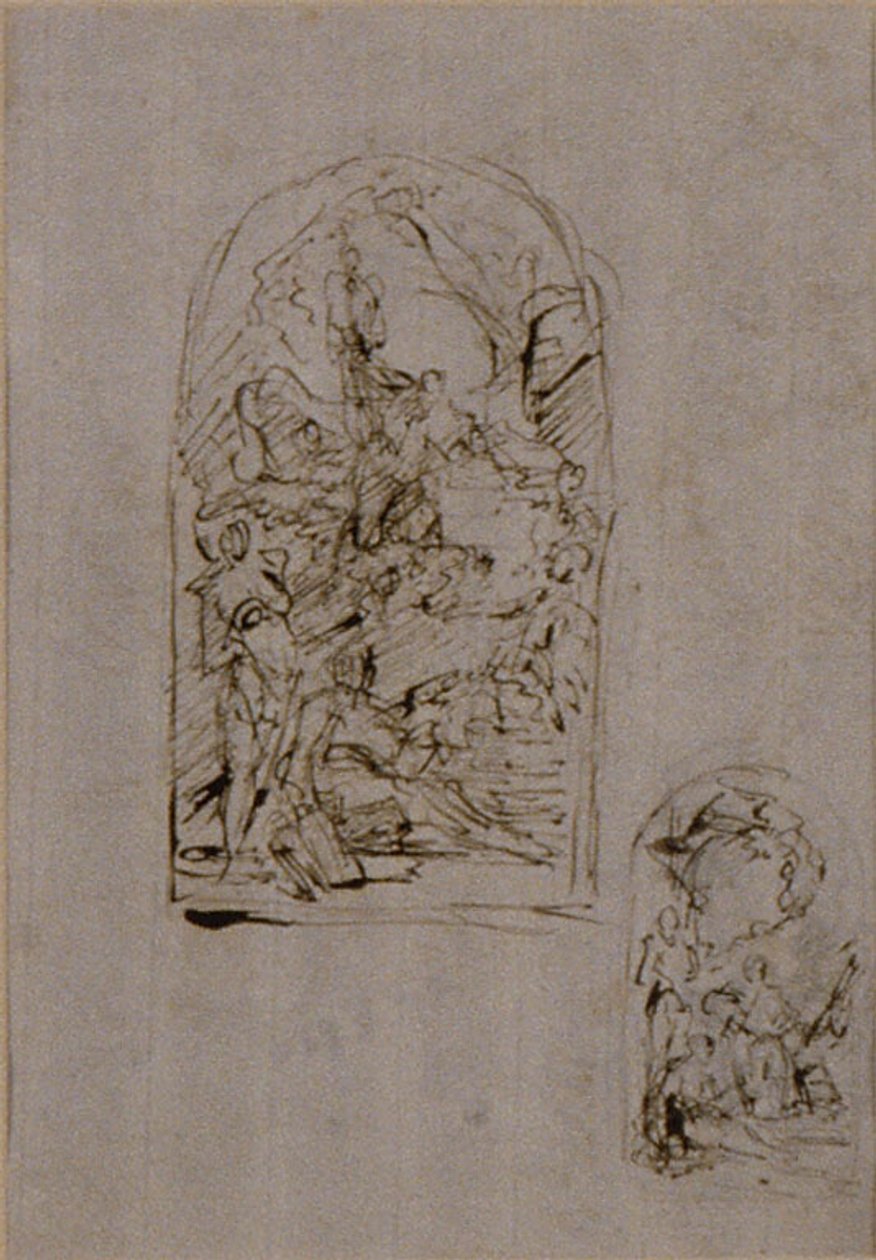 Luonnoksia alttaria varten, jossa on Cortonan pyhä Margareta, pyhä Sebastian ja pyhä Roch (etusivu); kaksi luonnosta alttaria varten (kääntöpuoli). tekijältä Giovanni Battista Piazzetta
