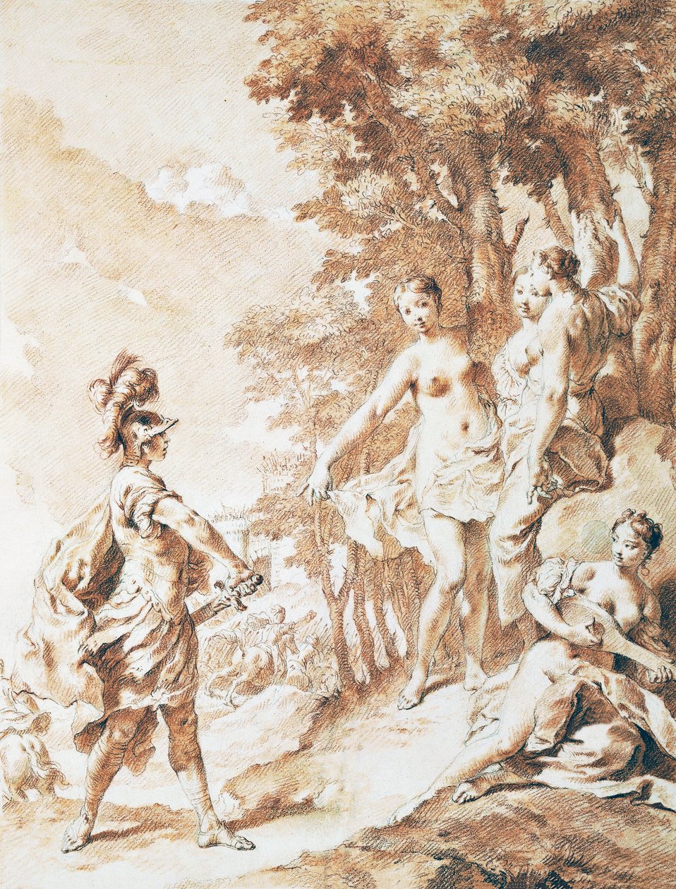 Tancredi lumotun metsän kynnyksellä, kohtaus Jerusalemista, toimittaa Torquato Tasso, Giovanni Battista Piazzetta (1682-1754), sangviini tekijältä Giovanni Battista Piazzetta