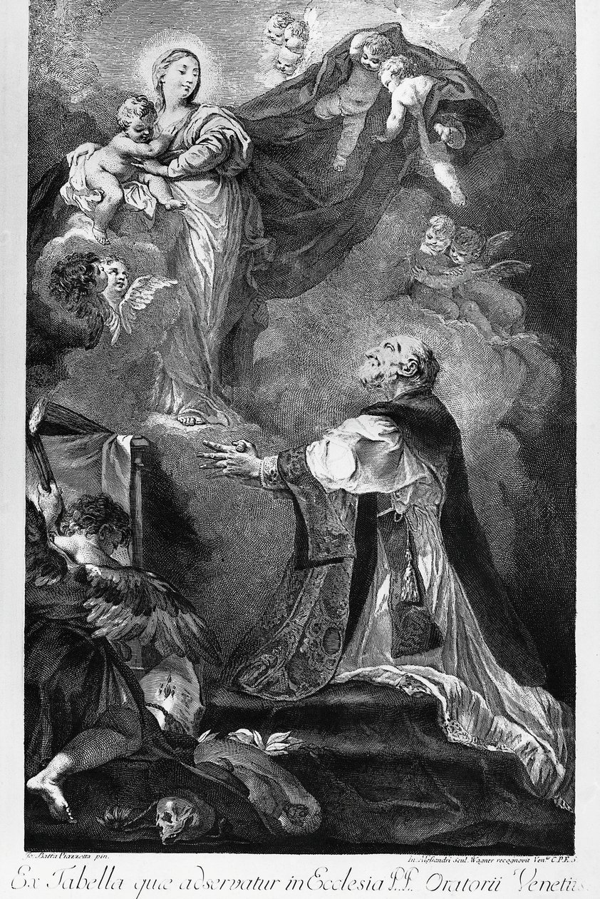 Neitsyt ilmestyy Pyhälle Philip Nerille, kirjoittanut Giovanni Battista Piazzetta (1682-1754), kaiverrus Innocente Alessandri, Italia tekijältä Giovanni Battista Piazzetta