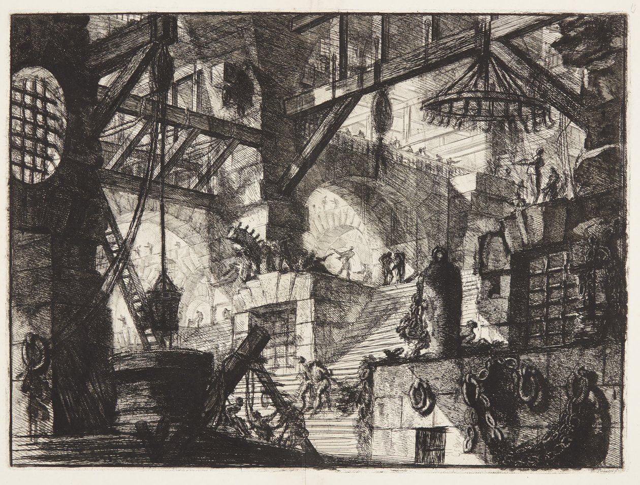 Grillattu ja maalattu ikkuna on asetettu keskelle portaikkoa, jossa on raskaita ketjuja. tekijältä Giovanni Battista Piranesi