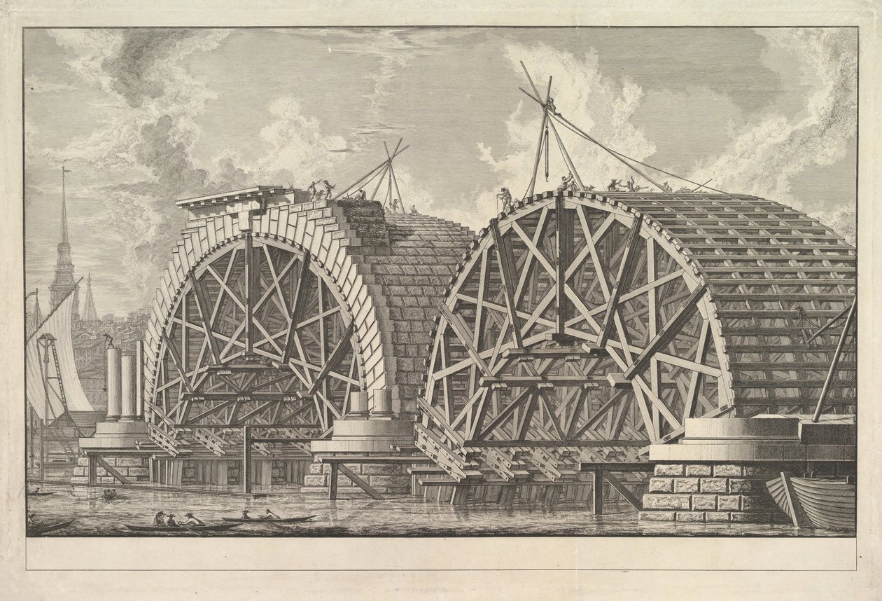 Näkymä osasta suunnitellusta sillasta Blackfriarsissä, Lontoossa, n. 1764. tekijältä Giovanni Battista Piranesi