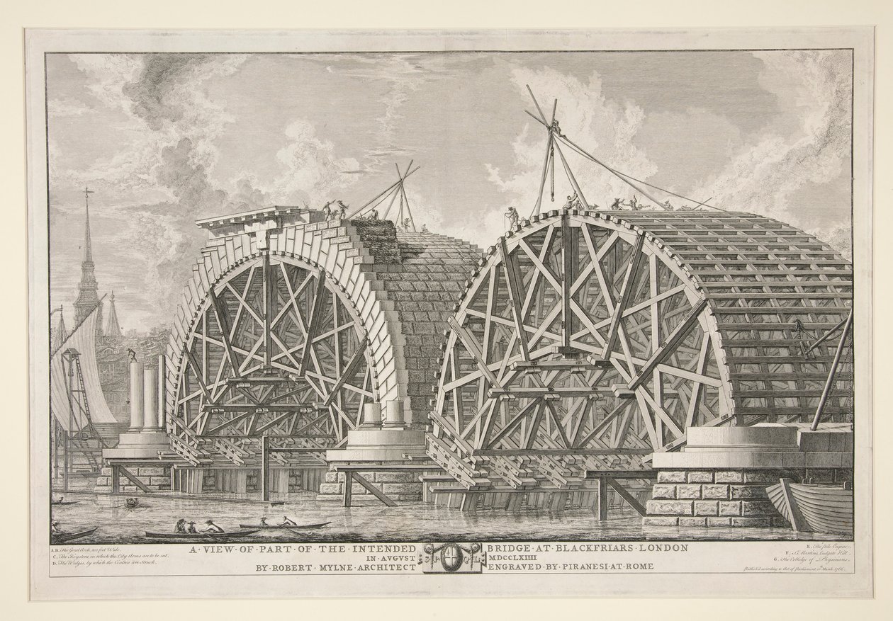 Näkymä osasta suunnitellusta sillasta Blackfriarsissä Lontoossa elokuussa MDCCLXIIII, arkkitehti Robert Mylne, kaivertanut Piranesi Roomassa tekijältä Giovanni Battista Piranesi
