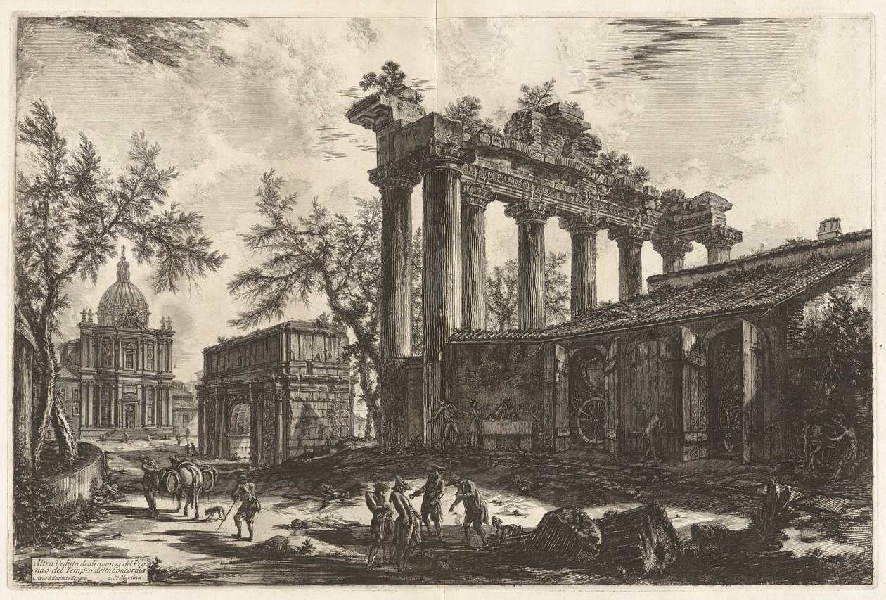 Altra Veduta degli avanzi del Pronao del Tempio del Concordia (Toinen näkymä Concordin temppelin Pronaoksen jäännöksistä [Saturnuksen temppeli ja Septimius Severuksen kaari vasemmalla taustalla]), Vedute di Romasta (Rooman näkymät) tekijältä Giovanni-Battista Piranesi