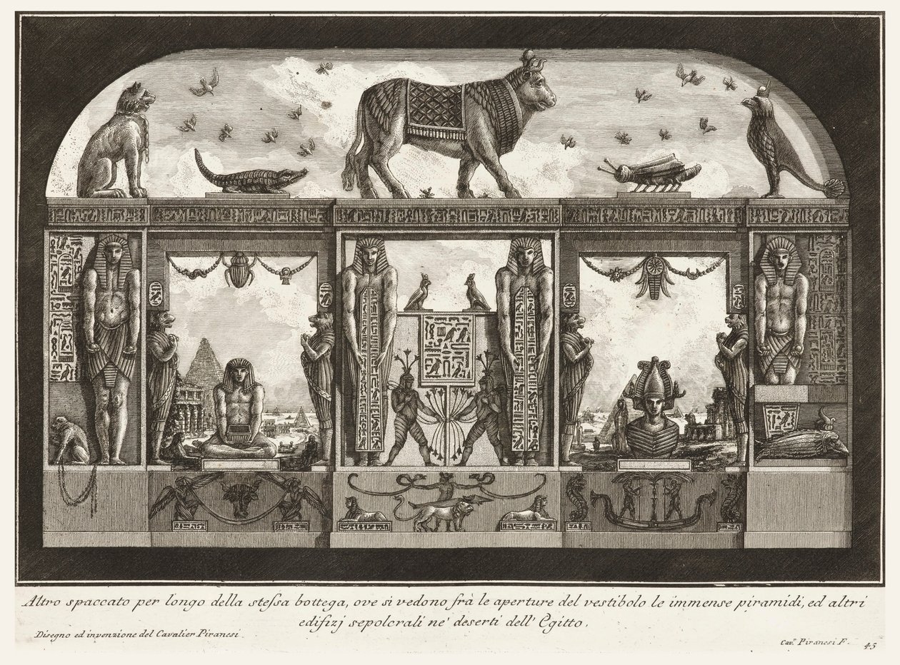 Toinen poikkileikkaus samasta työpajasta, jossa valtava pyramidi näkyy eteisen aukkojen välissä, polkujen monimuotoisuudesta. tekijältä Giovanni Battista Piranesi