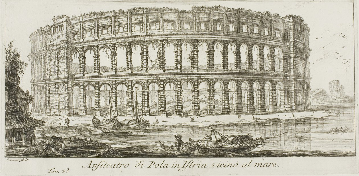 Pulan amfiteatteri Istriassa lähellä merta, levy 23 Joiltakin Riemukaarinäkymiltä ja muista monumenteista tekijältä Giovanni Battista Piranesi