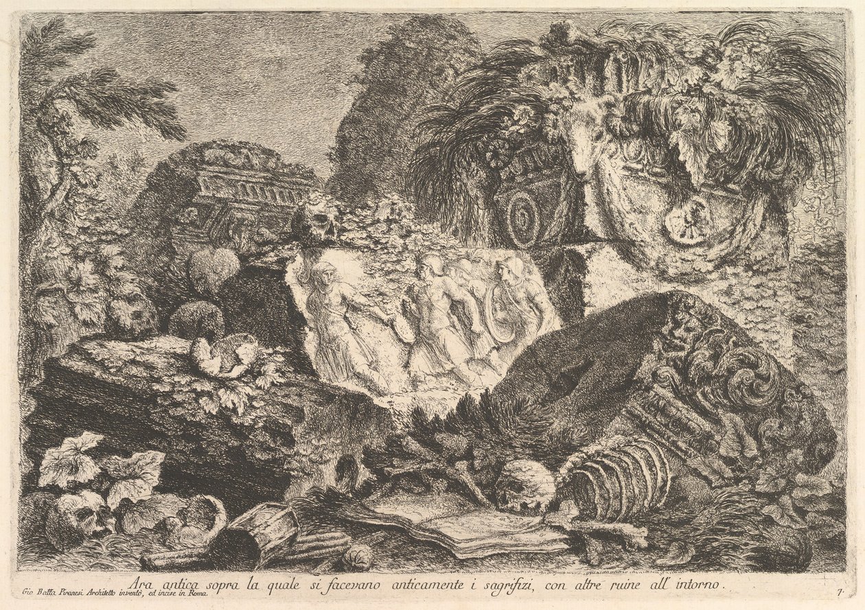 Muinainen alttari, jolla uhrattiin antiikin aikana, ympäröivät muut rauniot, n. 1750. tekijältä Giovanni Battista Piranesi