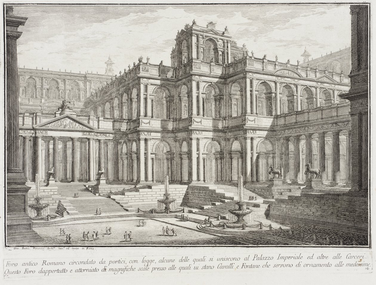 Pylväskäytävien ympäröimä antiikin forum tekijältä Giovanni Battista Piranesi