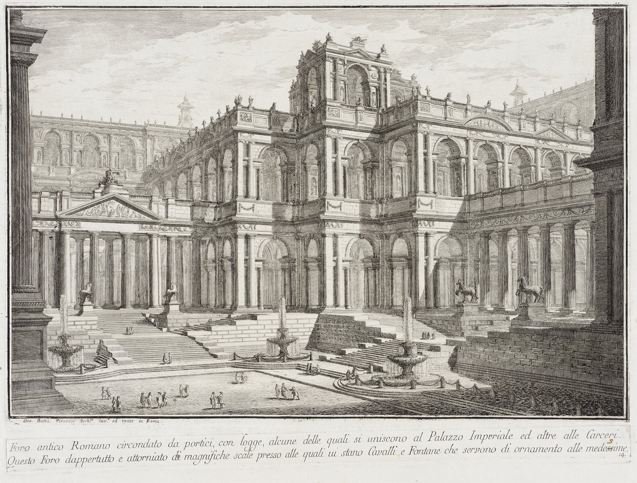 Antiikin foorumi porttikujien ympäröimänä, noin 1743. tekijältä Giovanni Battista Piranesi