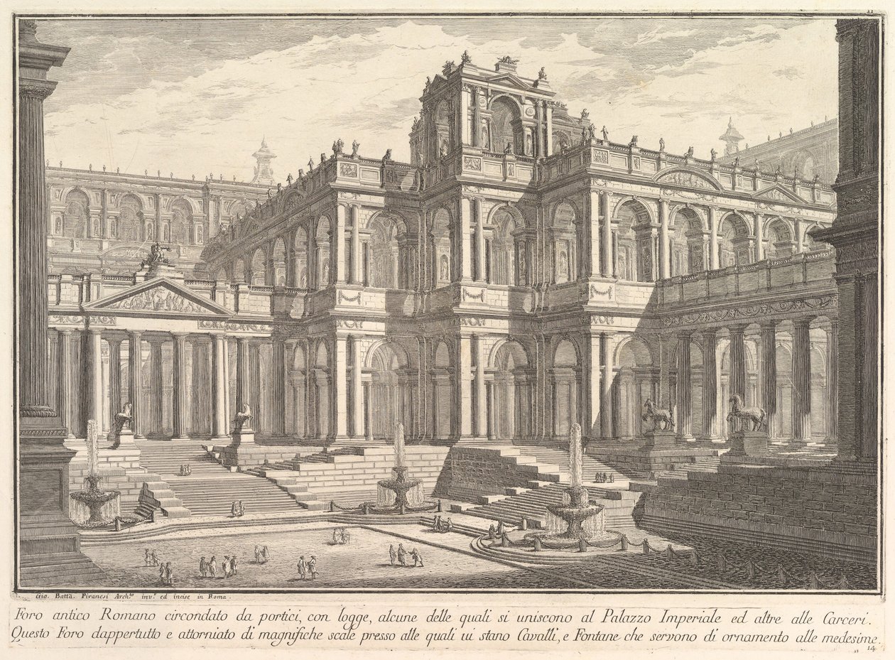 Antiikin roomalainen foorumi, jota ympäröivät portiokset, loggioilla, joista osa kommunikoi..., n. 1750. tekijältä Giovanni Battista Piranesi