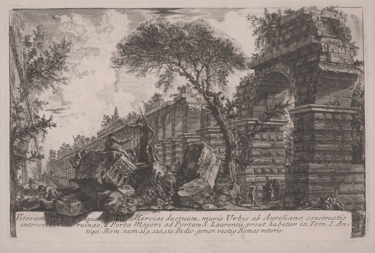 Muinainen Acqua Marcian akvedukti Aurelianuksen pystyttämän kaupungin muurien luona tekijältä Giovanni Battista Piranesi