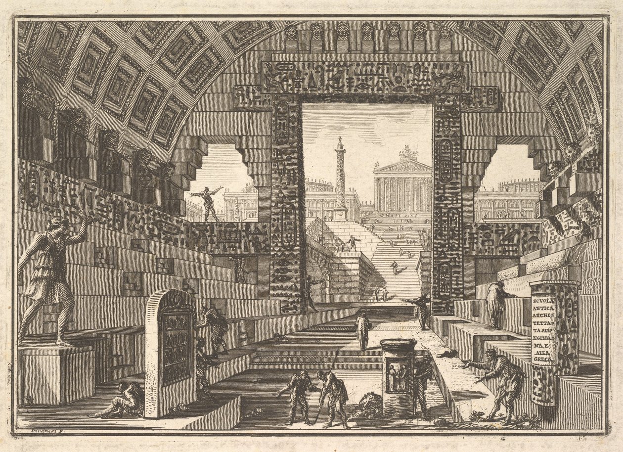 Egyptiläiseen ja kreikkalaiseen tapaan rakennettu antiikin koulu tekijältä Giovanni Battista Piranesi