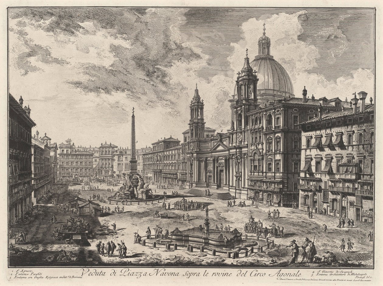 Näkymä Piazza Navonalle Domitianuksen stadionin raunioilla (teoksesta: Vedute di Roma) tekijältä Giovanni Battista Piranesi
