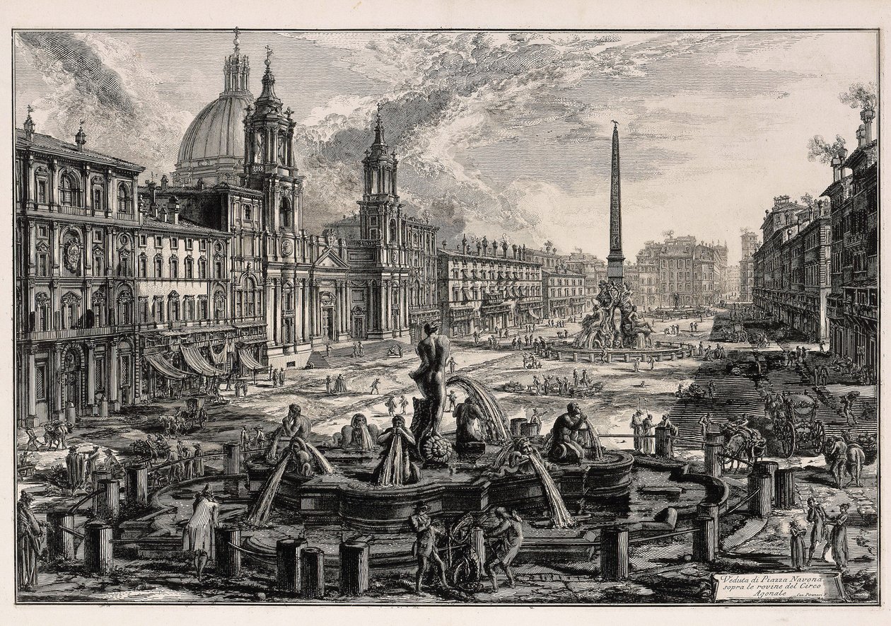 Näkymä Piazza Navonalle Roomassa (teoksesta: Vedute di Roma) tekijältä Giovanni Battista Piranesi