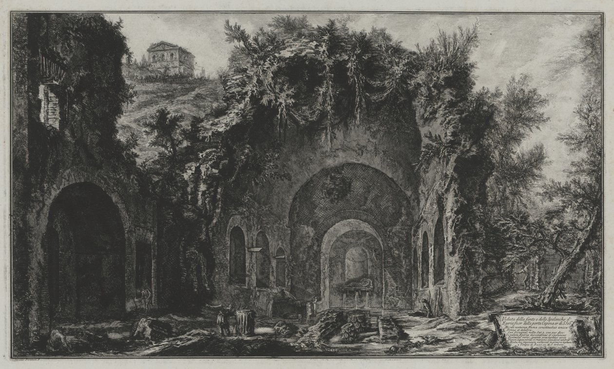 Näkymä Egerian lähteelle ja luolalle Porta Capenan eli San Sebastianon portin ulkopuolella (teoksesta Vedute di Roma) tekijältä Giovanni Battista Piranesi