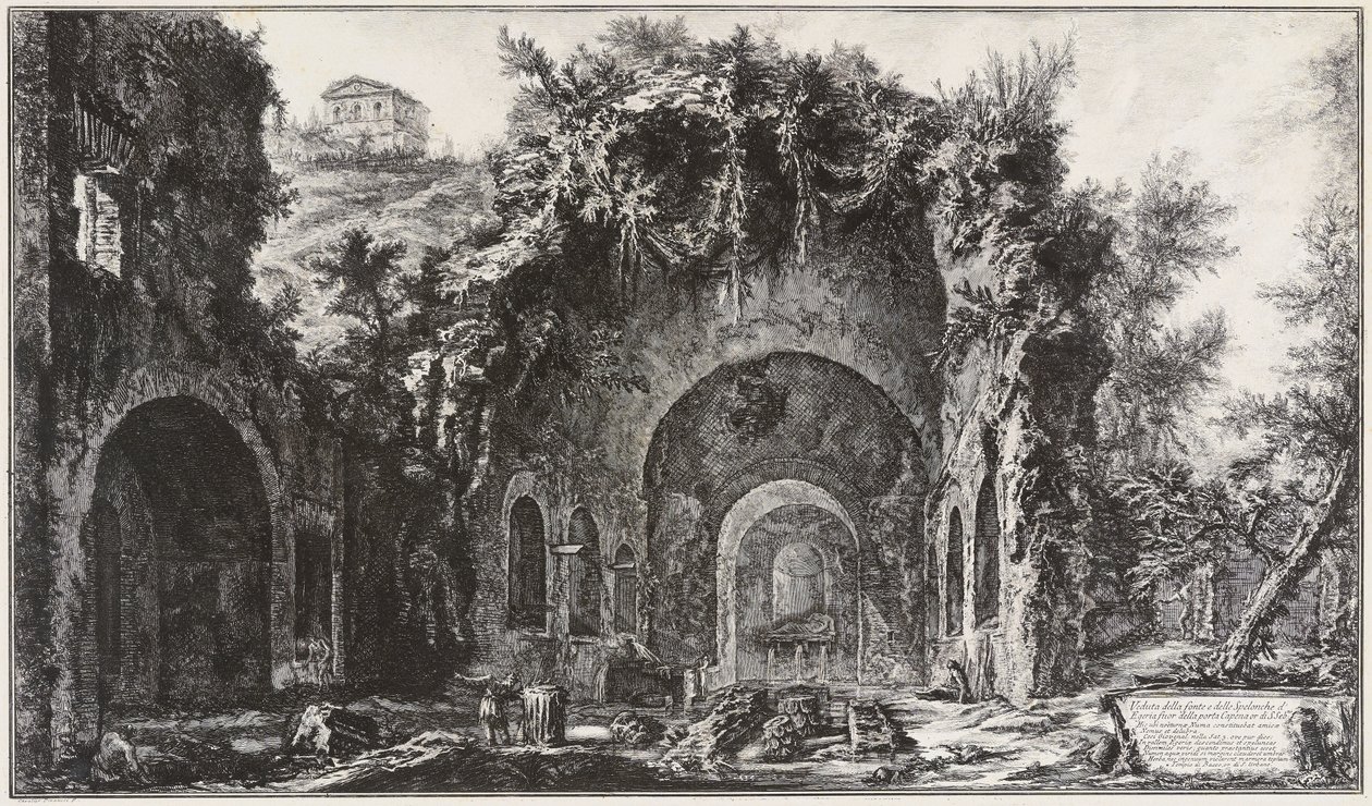 Näkymä Egerian lähteelle ja luolille Porta Capenan, nykyisen Porta di San Sebastianon, edustalla tekijältä Giovanni Battista Piranesi
