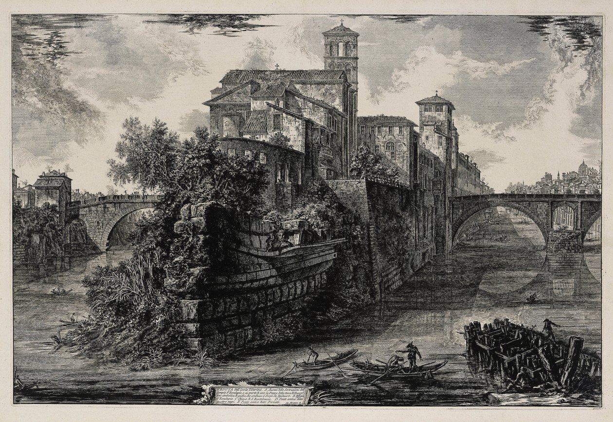 Näkymä Tiberinsaarelle (teoksesta Vedute di Roma) tekijältä Giovanni Battista Piranesi