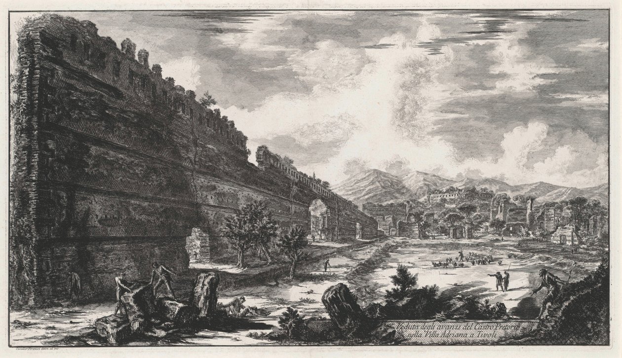 Näkymä Castro Pretorion raunioille Hadrianuksen huvilassa Tivolissa tekijältä Giovanni Battista Piranesi