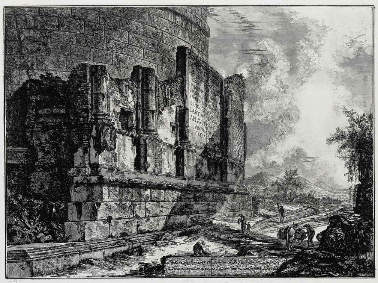 Näkymä Plautiusten hautamuistomerkin raunioille Tivolin lähellä (teoksesta: Vedute di Roma) tekijältä Giovanni Battista Piranesi