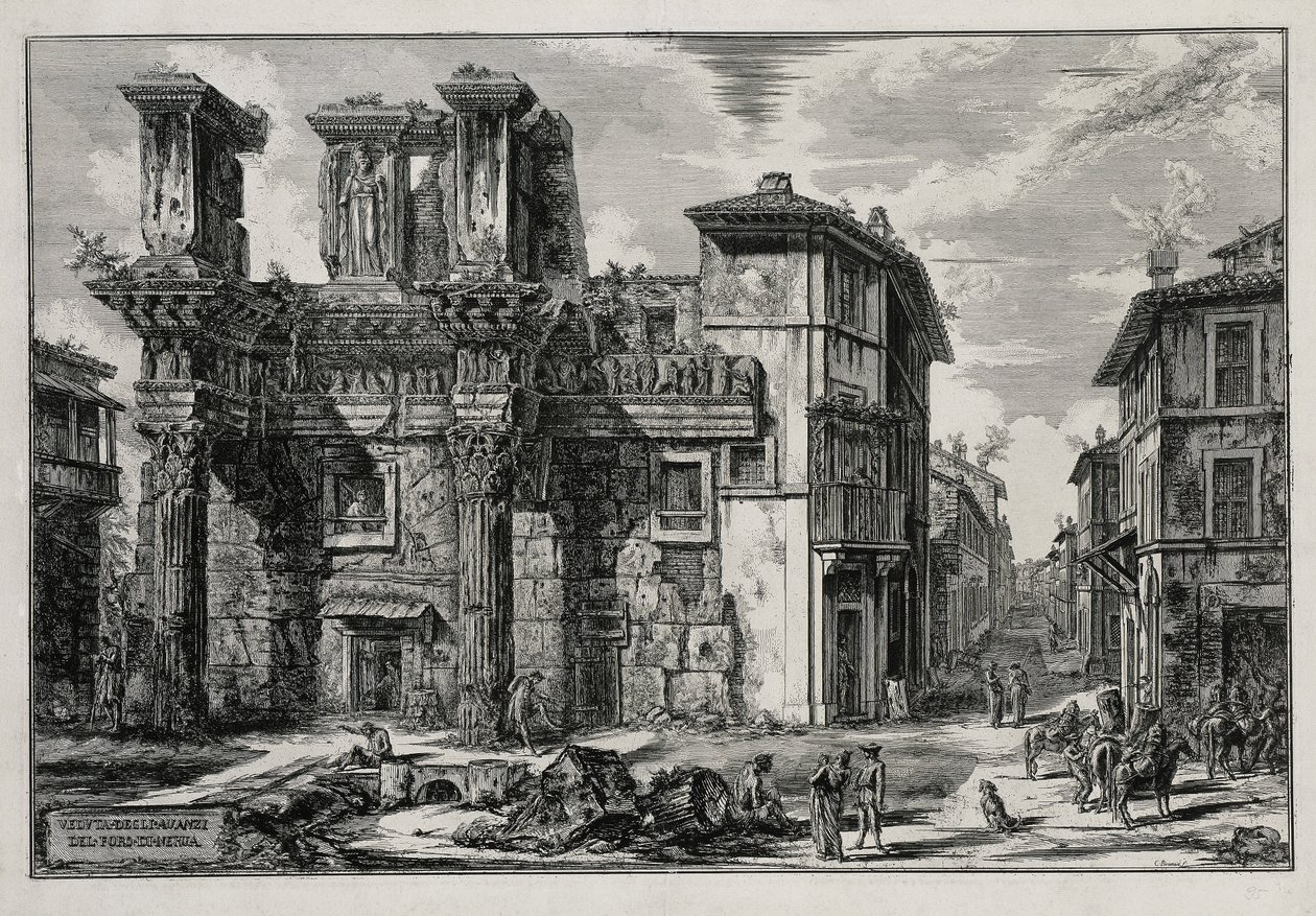Näkymä Nervan forumin raunioille Roomassa (teoksesta Vedute di Roma) tekijältä Giovanni Battista Piranesi