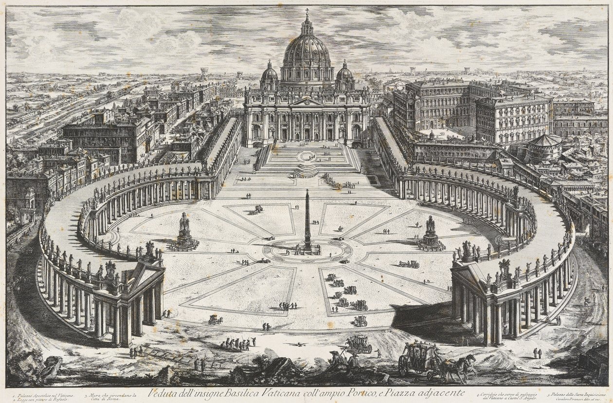Näkymä maineikkaasta Vatikaanin basilikasta, sen laajasta portiikista ja viereisestä etupihasta tekijältä Giovanni Battista Piranesi